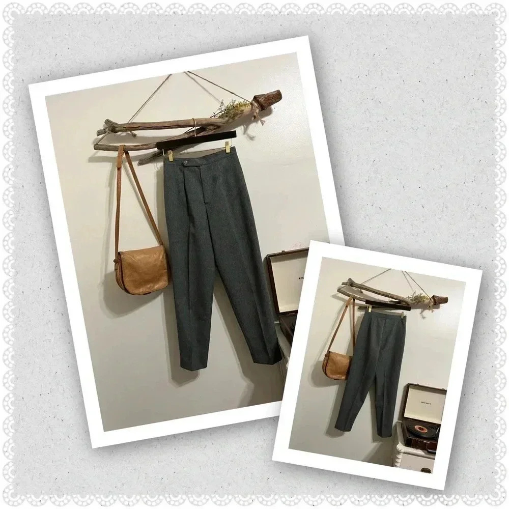 Marin | Vintage High Waist Grey Mid-Modern Century Preppy Tapered Trouser Slacks